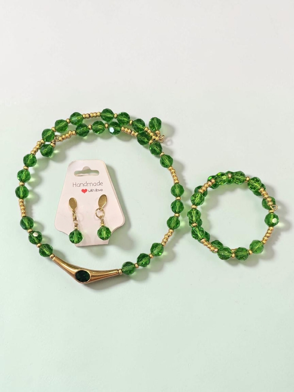 Handmade Green Bead Necklace Set with Gold Accents